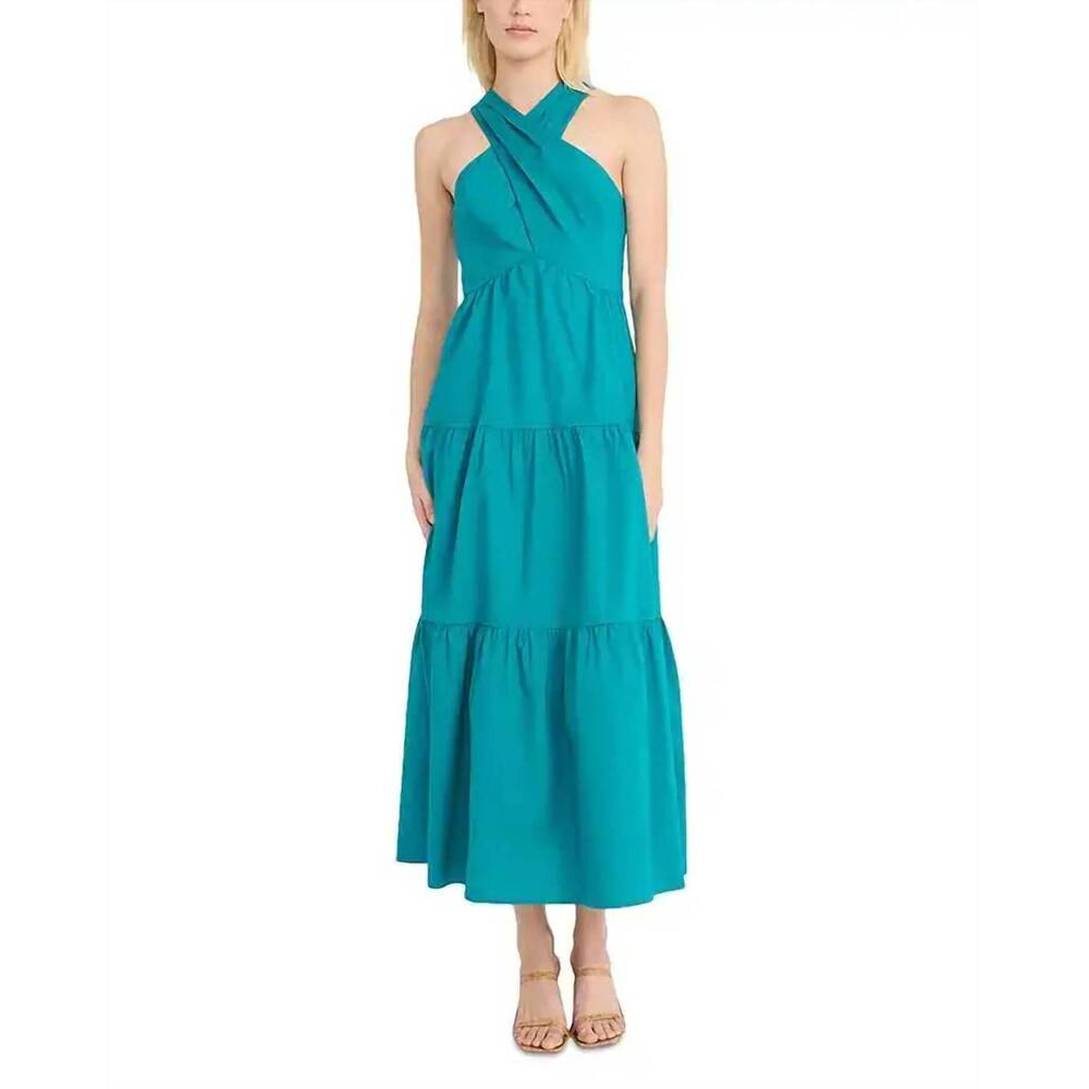 NEW DONNA MORGAN halter tiered maxi dress in blue grass